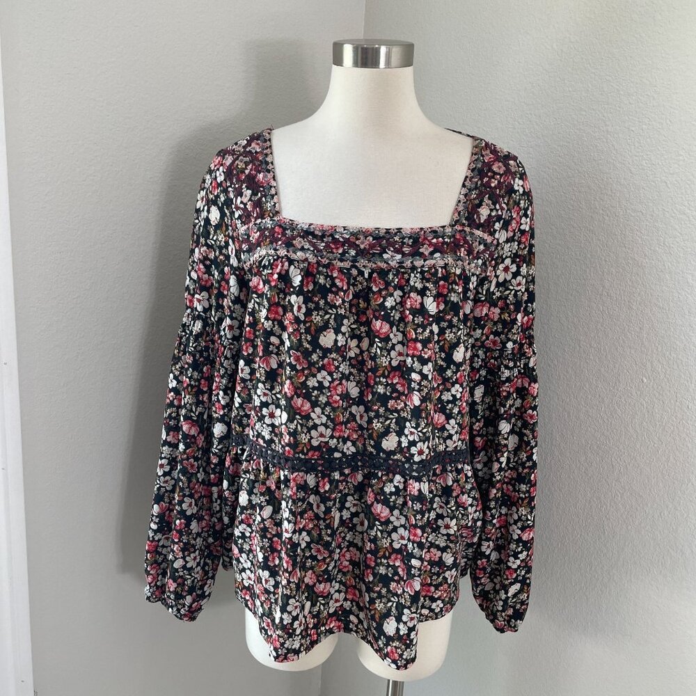 Knox Rose Womens XL Floral Blouse Square Neck Long Sleeve Boho Tassel Tie‎ Shirt